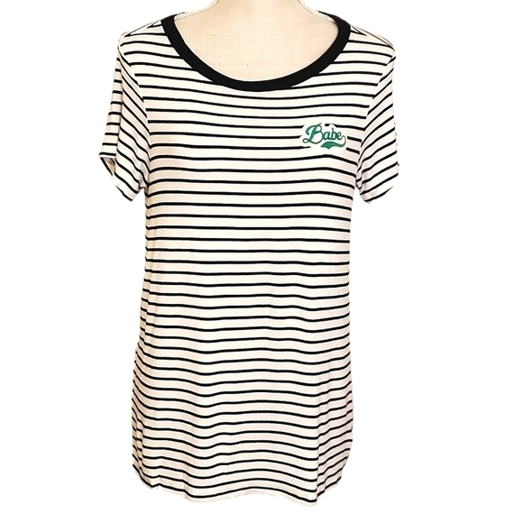 AEO | Women's black and white striped with Babe patch t-shirt. Size medium. - Picture 1 of 6